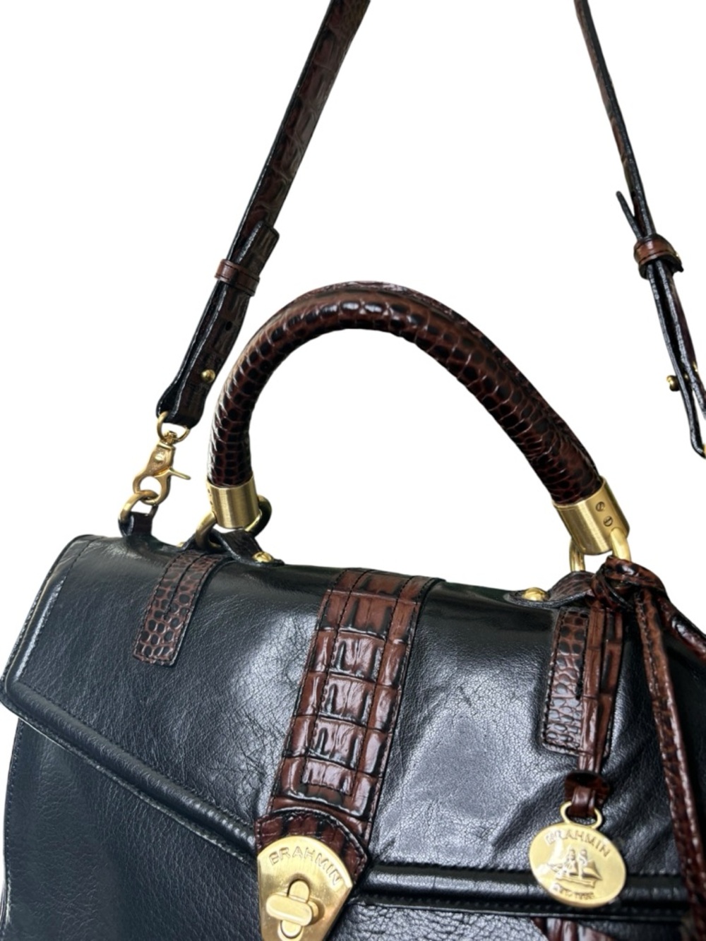 Brahmin Julia Rose Black Lady Tuscan Satchel Croc Embossed Leather Rare - Picture 6 of 10